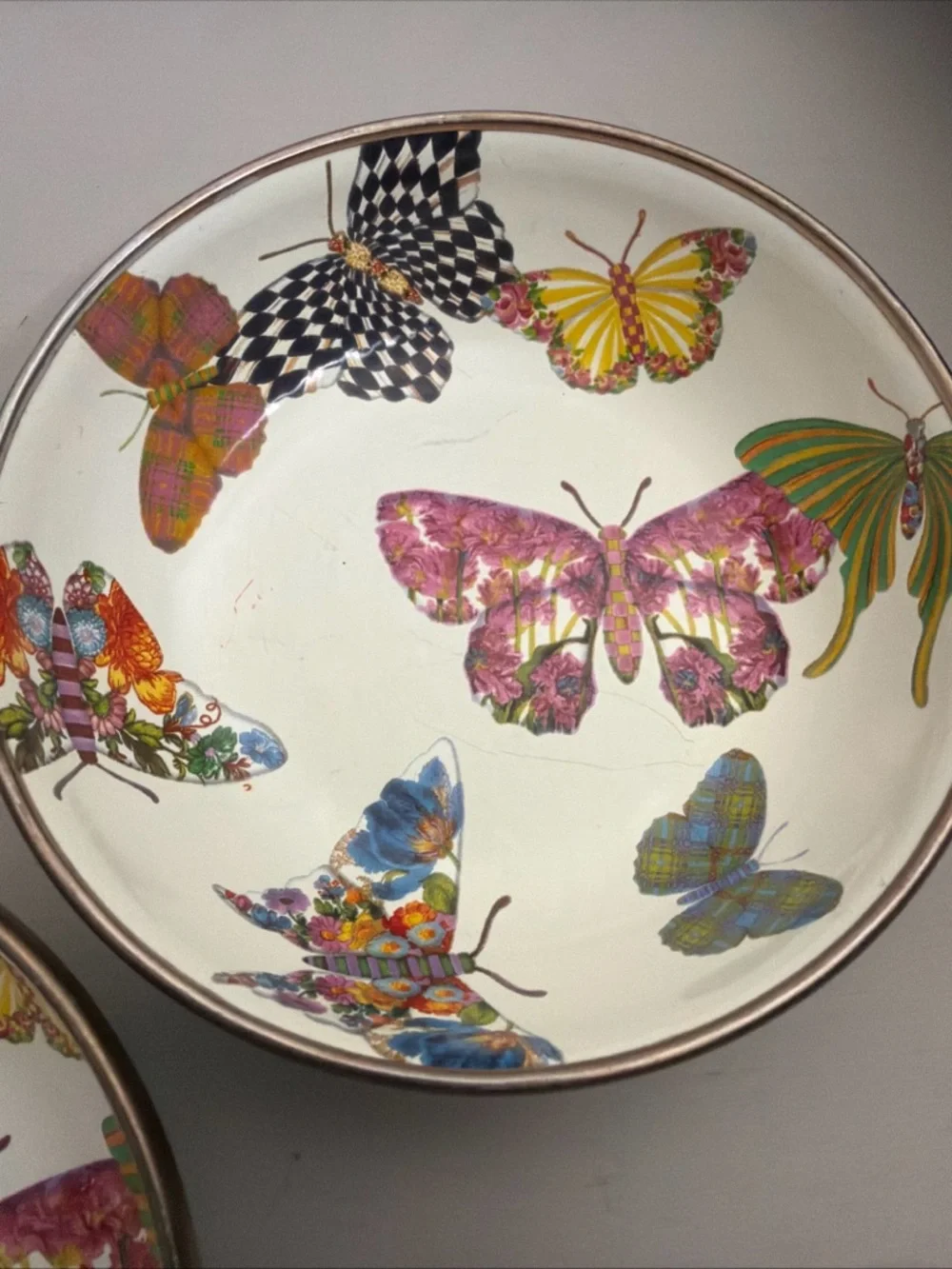 Mackenzie Childs Set of 2 White Butterfly 4.5 inch Dipping Bowls Enamel
